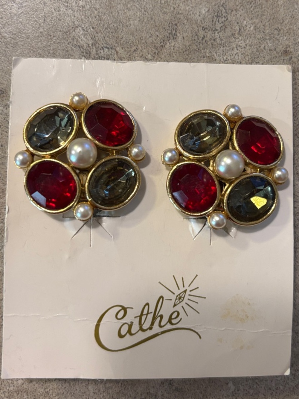 VTG Cathe signed Gold-Tone Cluster Earrings with Red, Smoky Gray and Pearl Clip